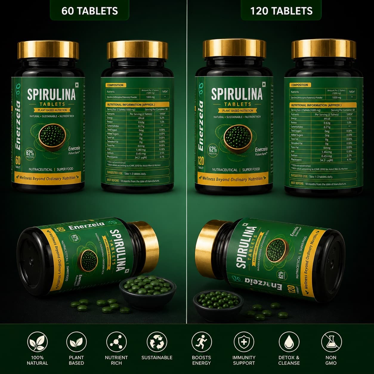 Enerzeia Spirulina Tablets in gold-capped jars, 60 tablets and 120 tablets, shown front and back with their composition and nutrition panels, and tablets tipped into a small bowl.