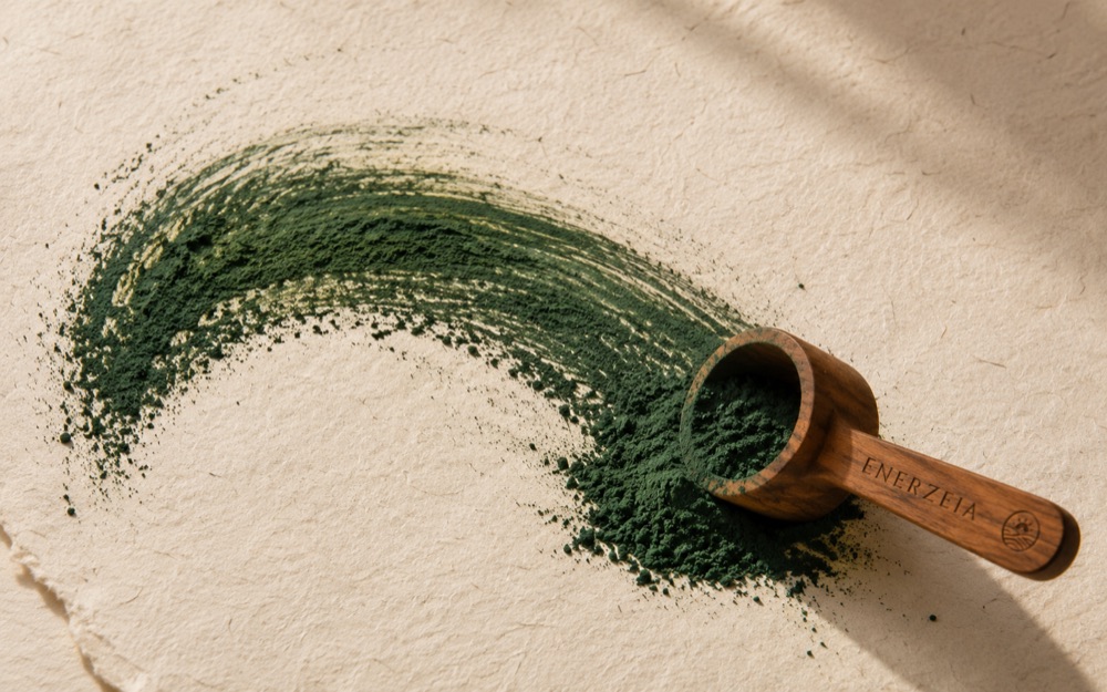 Deep green spirulina powder swept in a wide arc across textured handmade paper, with a wooden measuring scoop of powder resting at the end of the sweep.