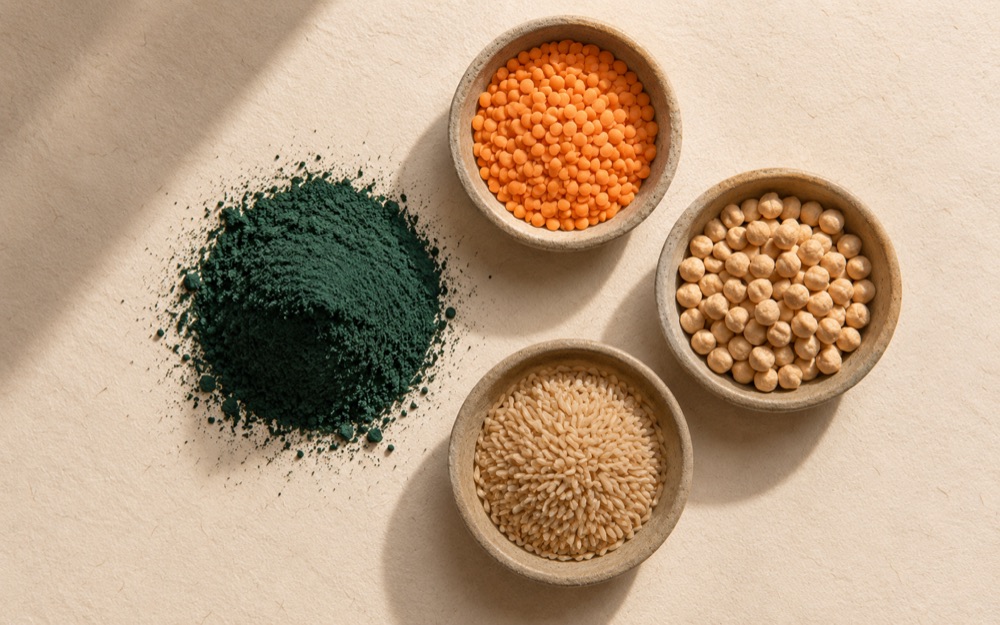 Overhead view of a heap of deep green spirulina powder on a cream surface beside three small stone bowls holding red lentils, chickpeas and rice.