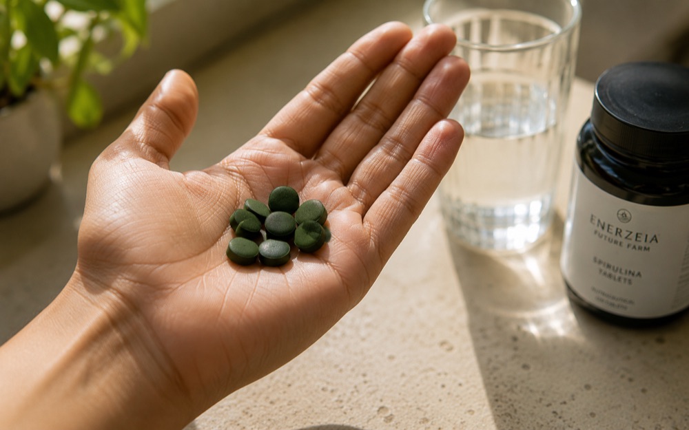 An open palm holding about ten small dark green spirulina tablets, with a glass of water and a bottle of Enerzeia Spirulina Tablets on the counter behind.